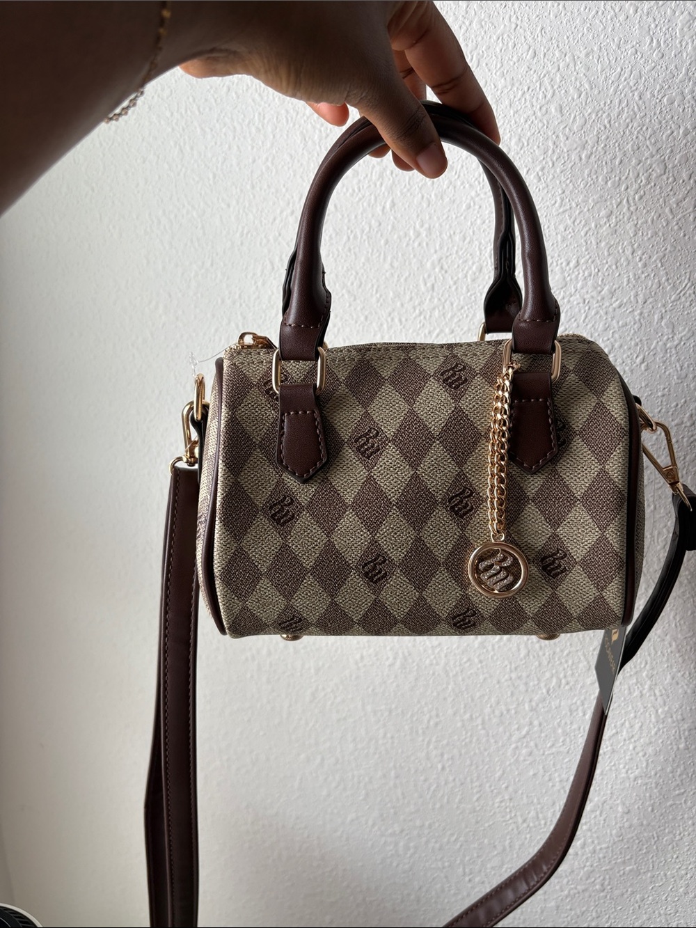 Rocawear Brown and Tan Mini Satchel with Gold Chain Charm